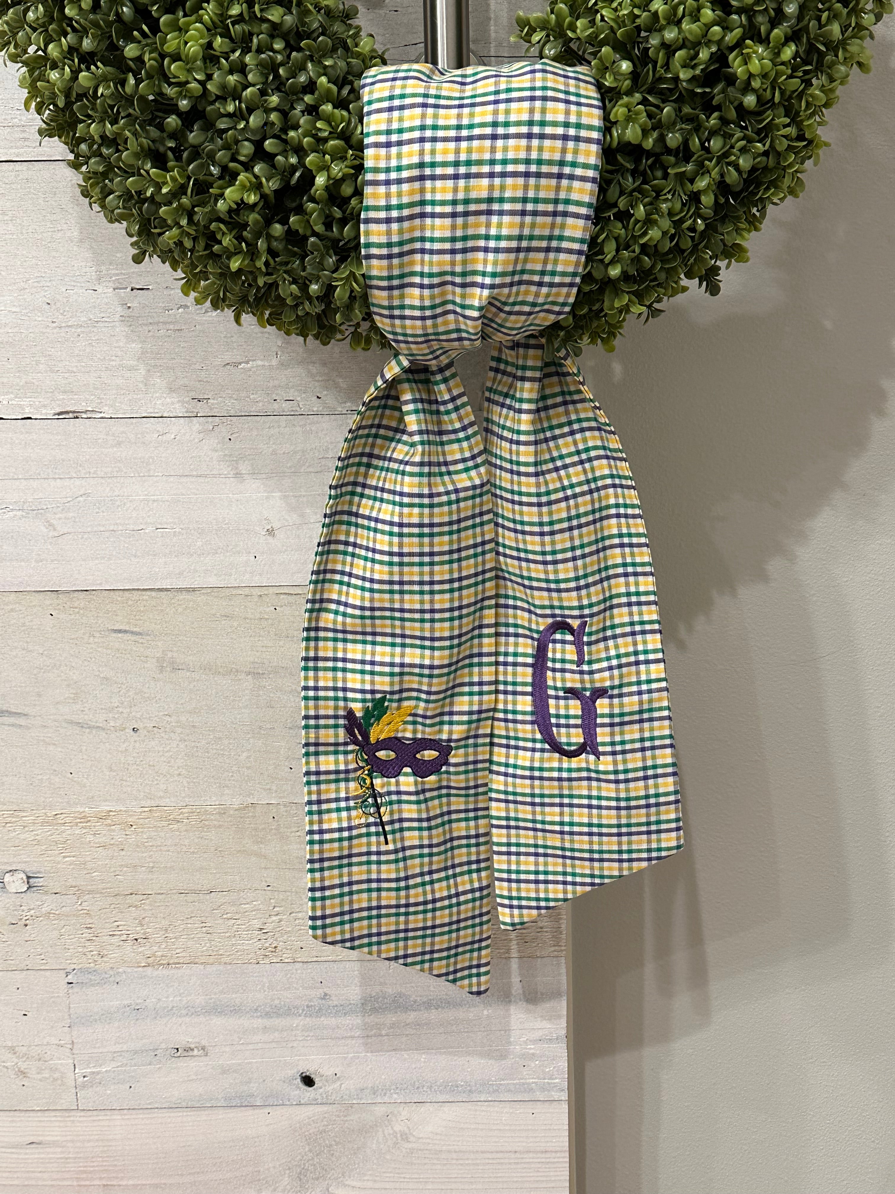 Customized Plaid Wreath Sash - Mardi Gras Mask and Monogram