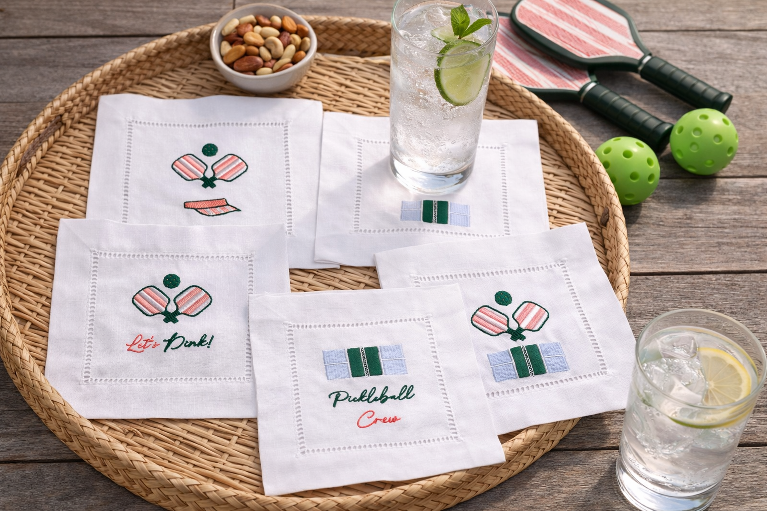 Embroidered Pickleball Linen Cocktail Napkins - set of 4