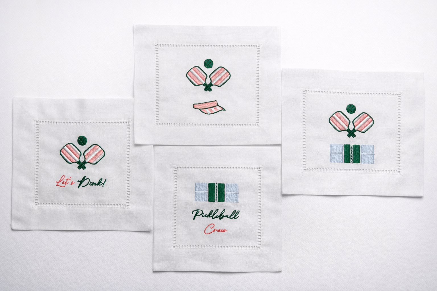Embroidered Pickleball Linen Cocktail Napkins - set of 4