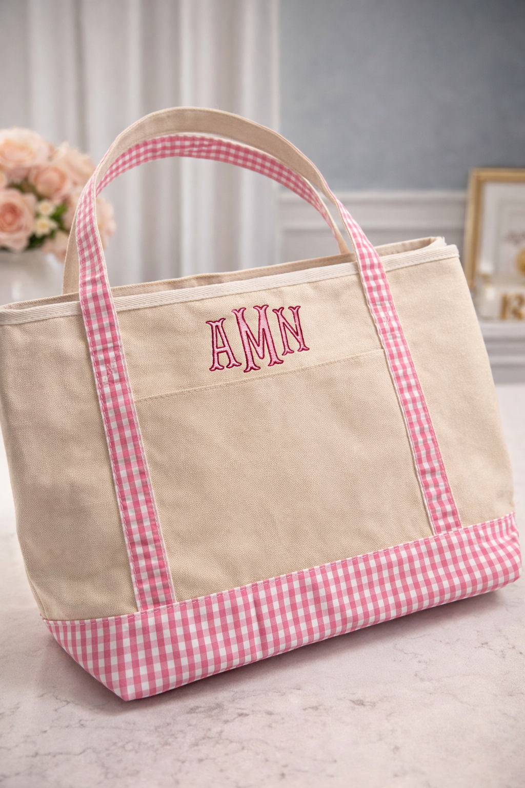 Gingham Trim Canvas Tote