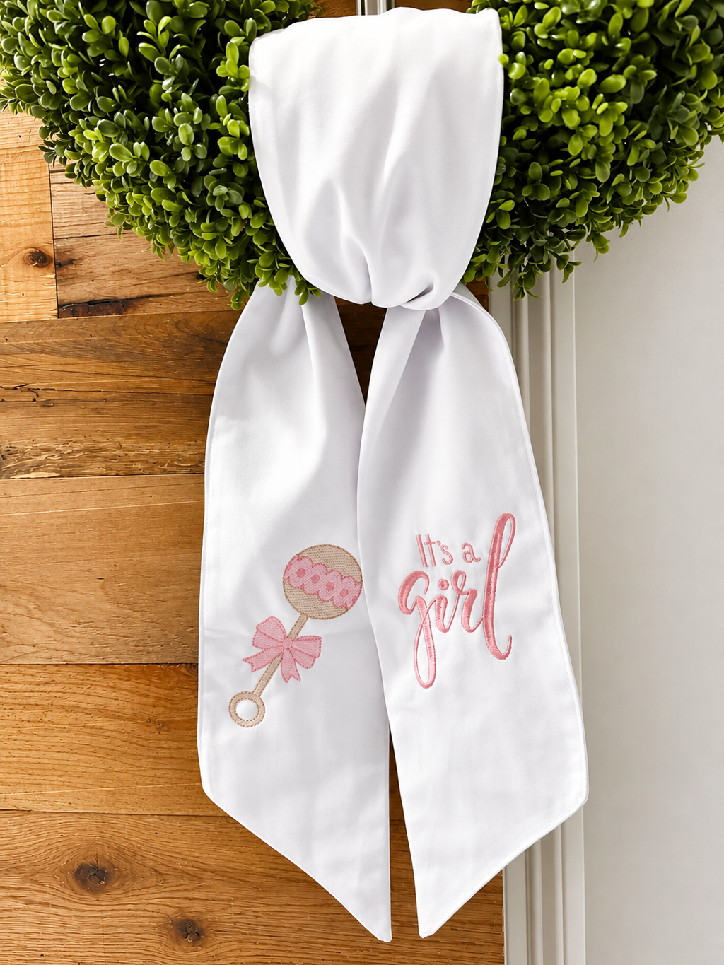 Personalized Baby Girl Rattle Announcement Wreath Sash