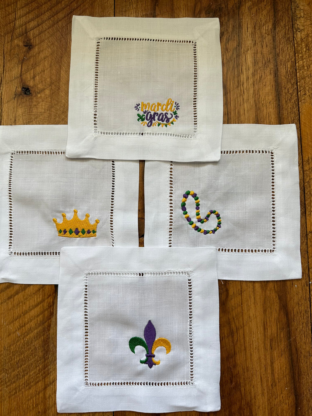 Embroidered Mardi Gras Linen Cocktail Napkins - set of 4