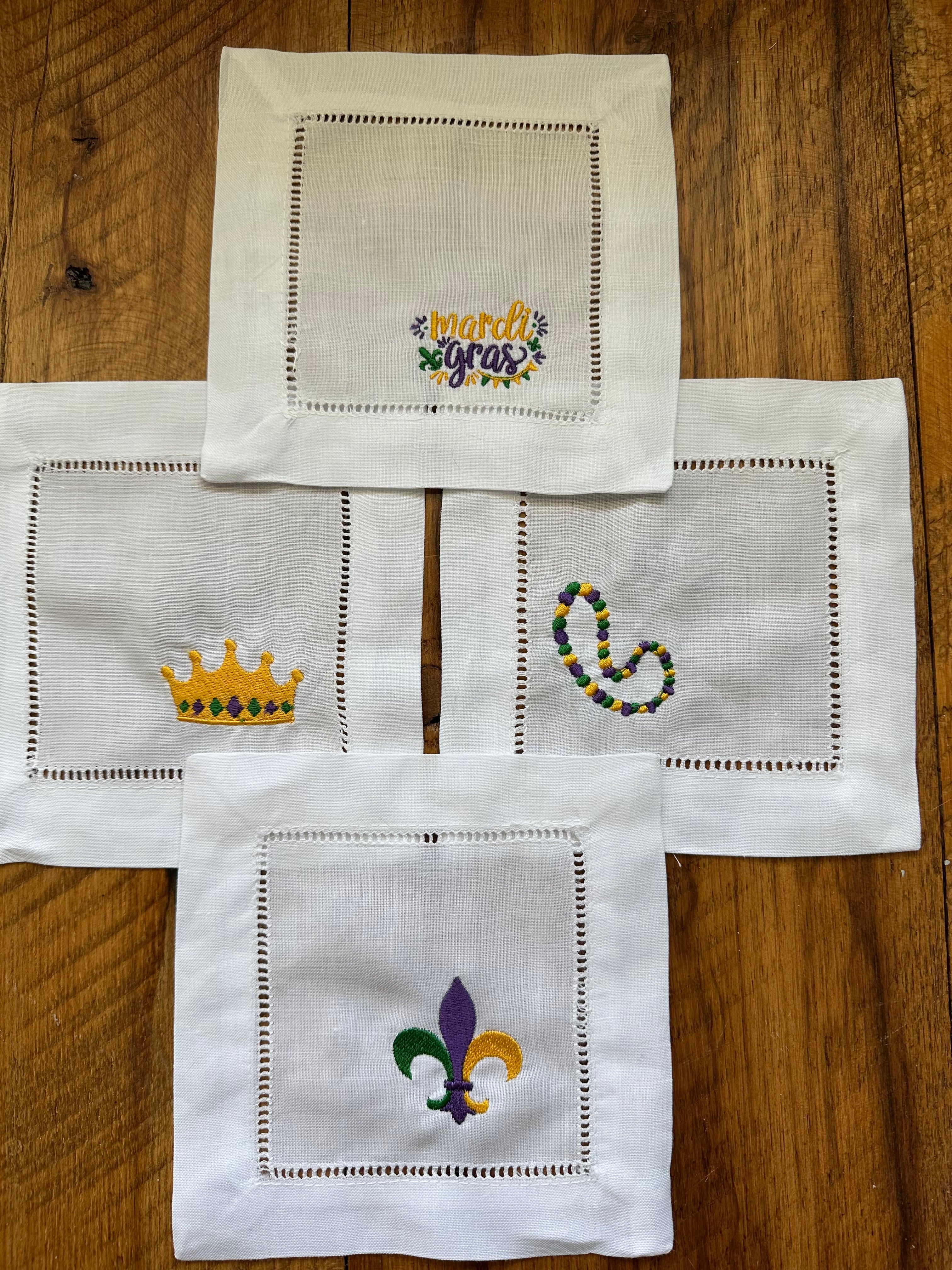 Embroidered Mardi Gras Linen Cocktail Napkins - set of 4