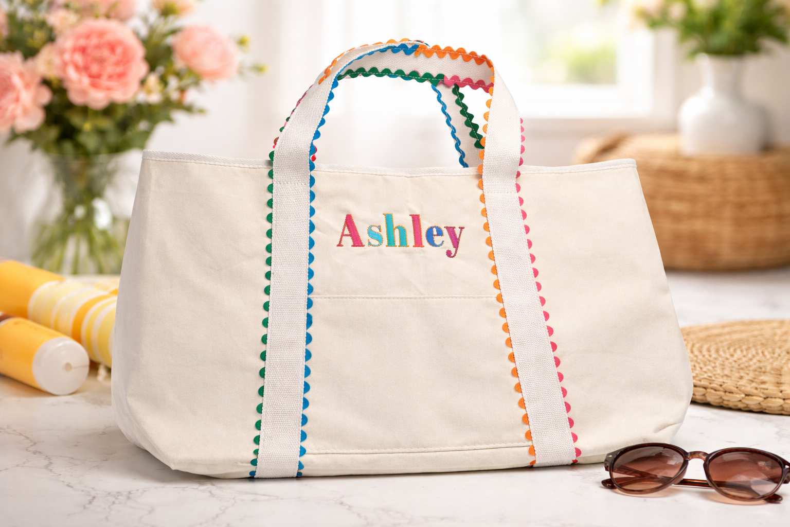 Multicolored Ric Rac Scalloped Canvas Tote
