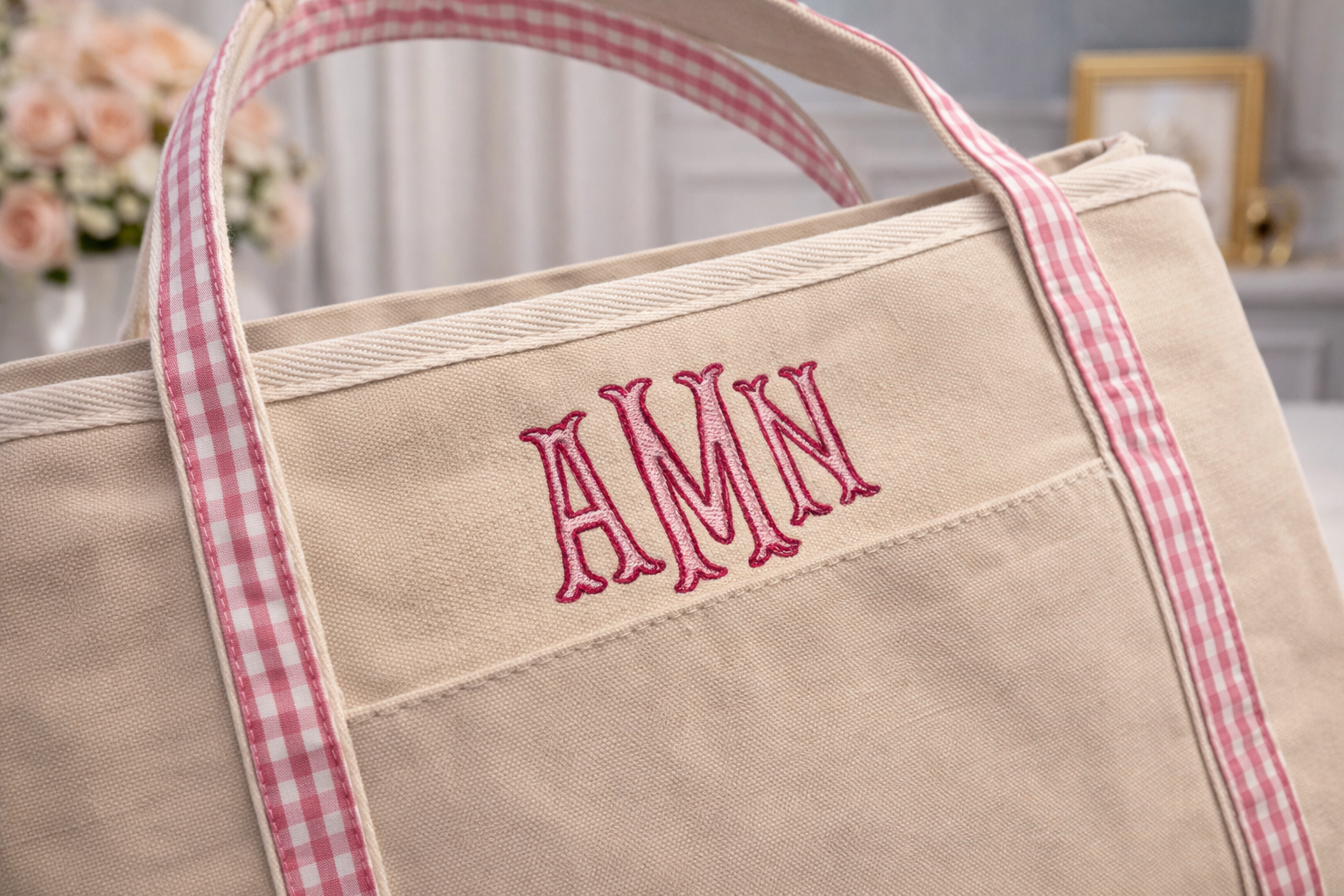 Gingham Trim Canvas Tote