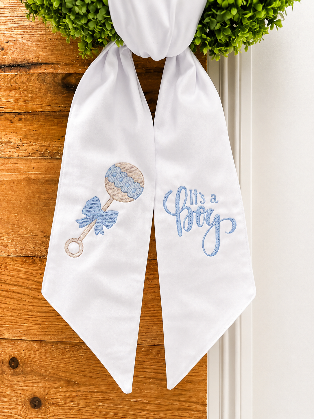 Personalized Baby Boy Rattle Announcement Wreath Sash