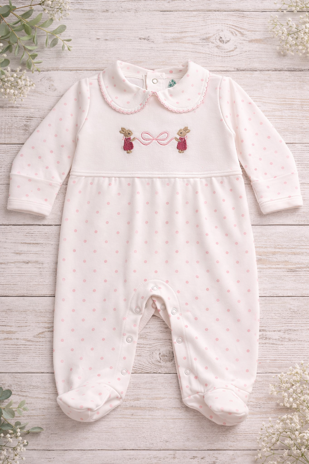 Girls White and Pink Polka Dot Footie