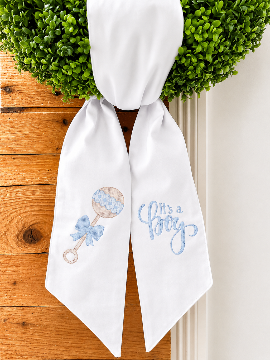 Personalized Baby Boy Rattle Announcement Wreath Sash