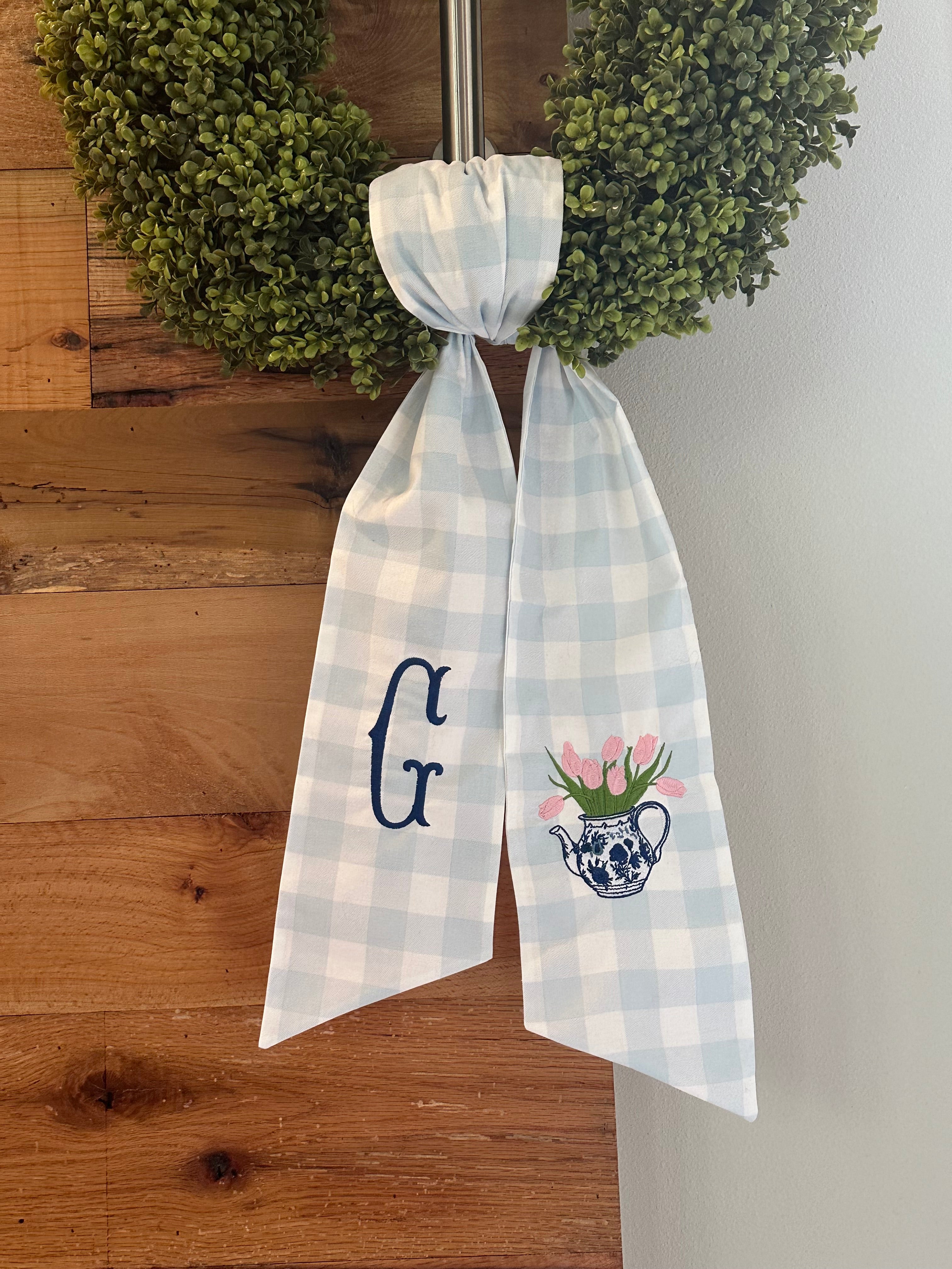 Personalized Floral Teapot Wreath Sash