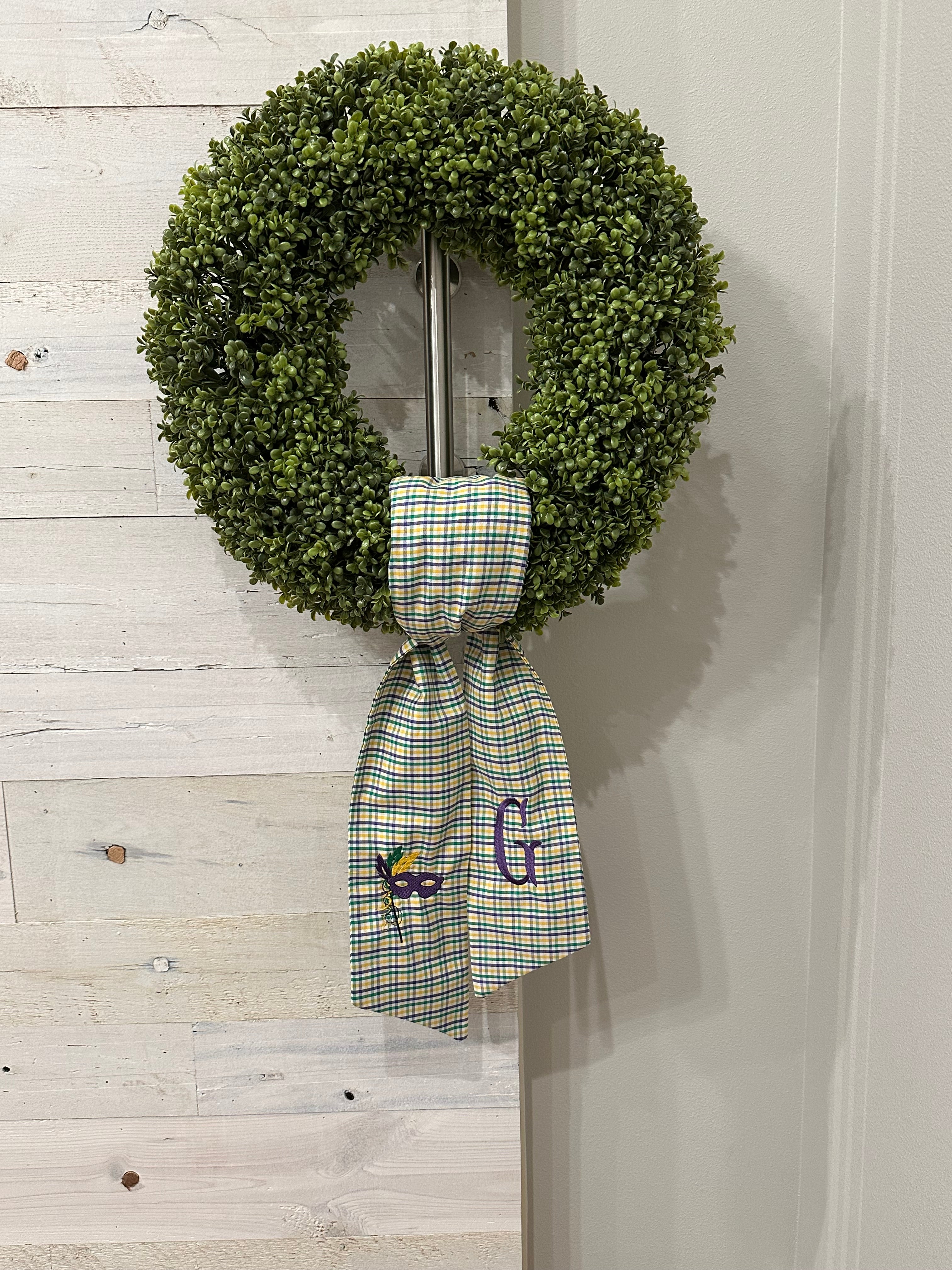 Customized Plaid Wreath Sash - Mardi Gras Mask and Monogram