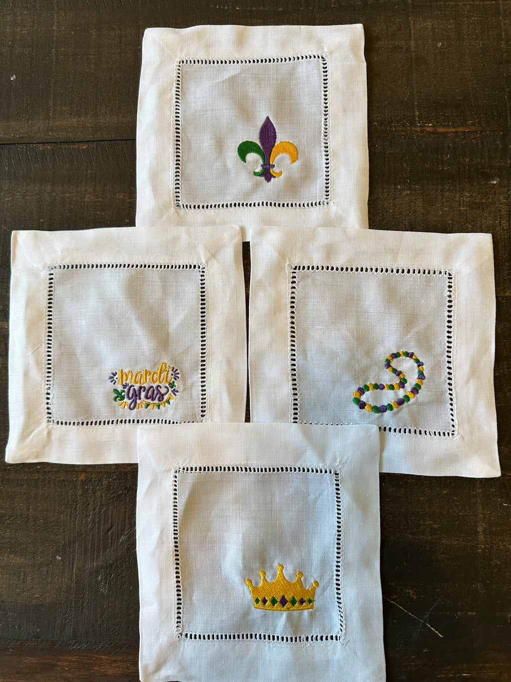 Embroidered Mardi Gras Linen Cocktail Napkins - set of 4