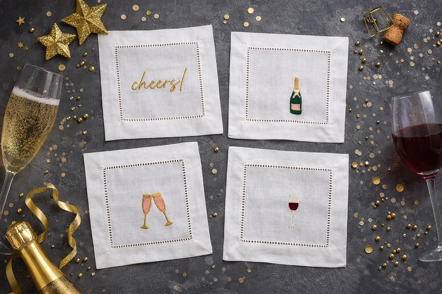 Embroidered Linen Cocktail Napkins - set of 4