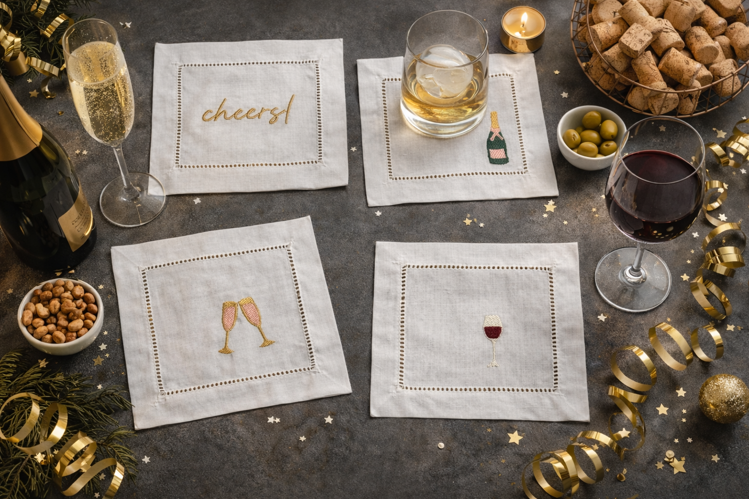 Embroidered Linen Cocktail Napkins - set of 4