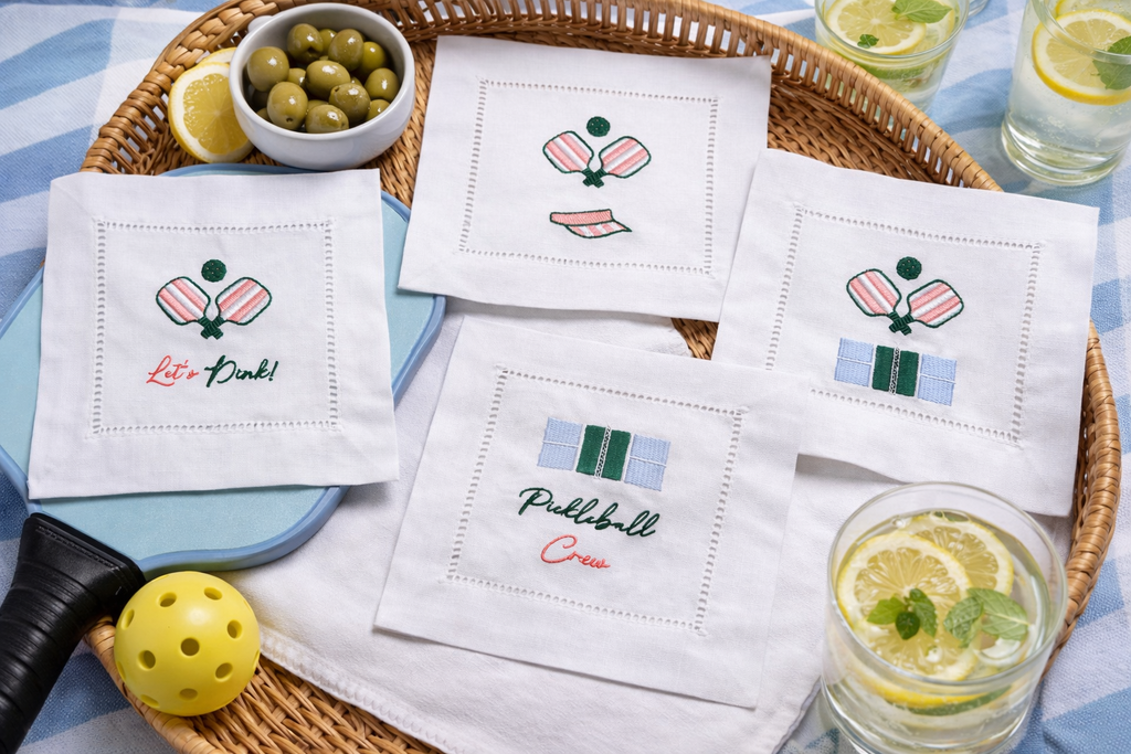 Embroidered Pickleball Linen Cocktail Napkins - set of 4