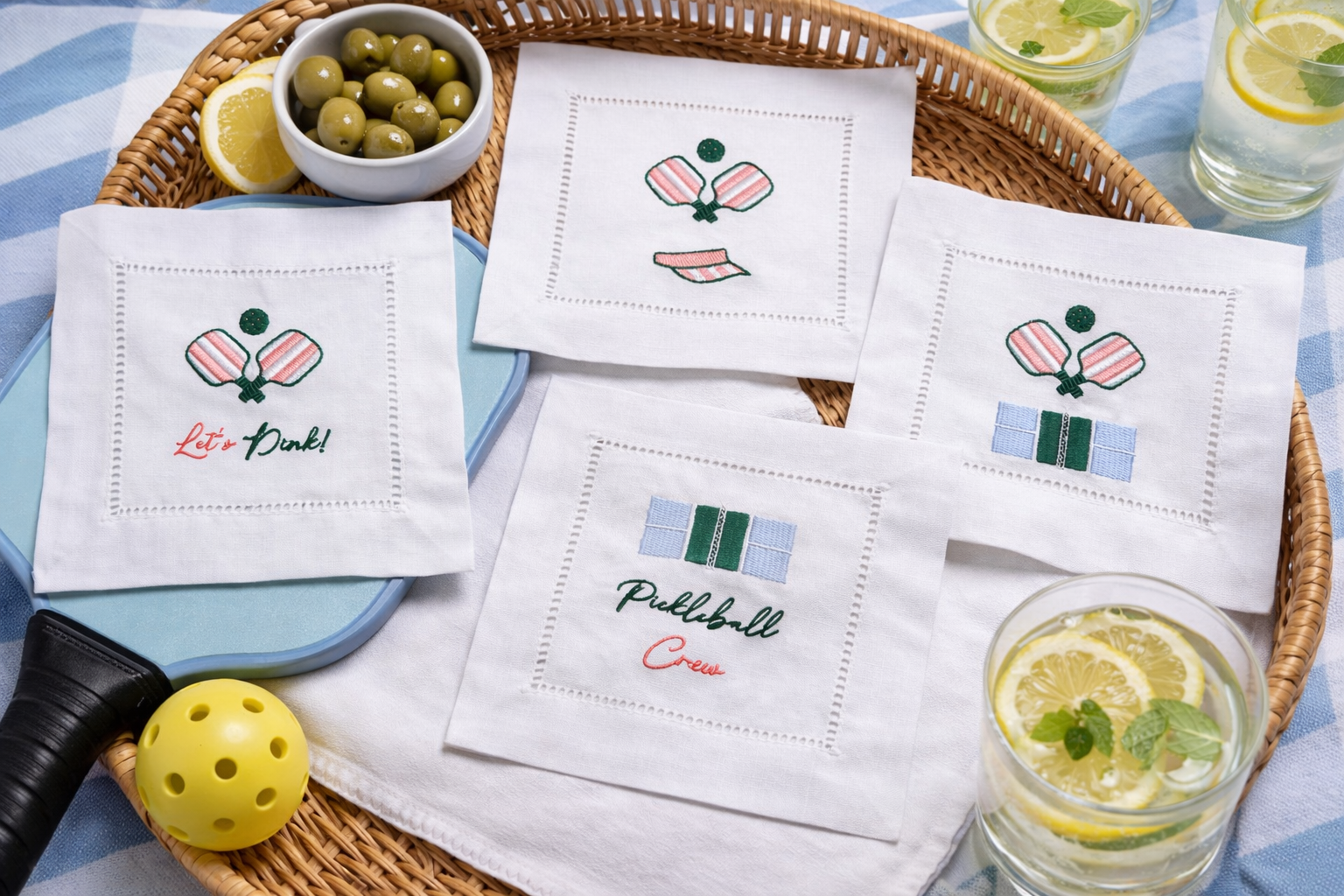 Embroidered Pickleball Linen Cocktail Napkins - set of 4