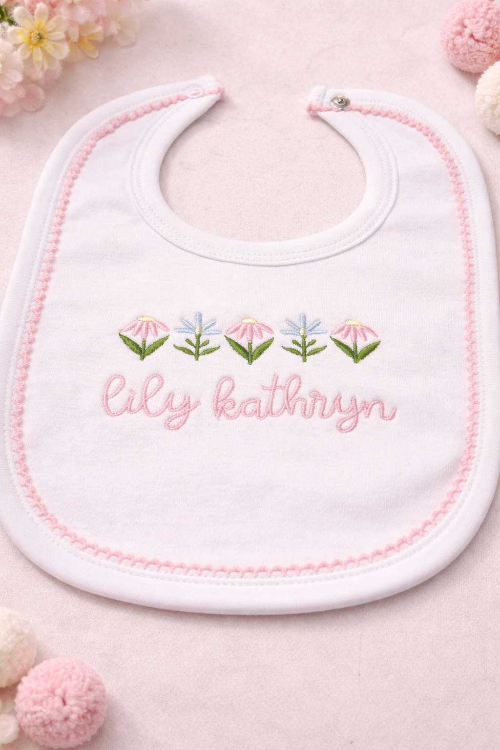 Girls Picot Trim Personalized Burp and Bib Bundle