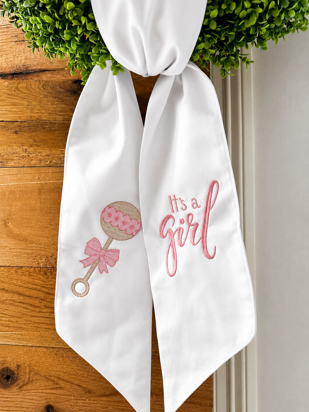 Personalized Baby Girl Rattle Announcement Wreath Sash