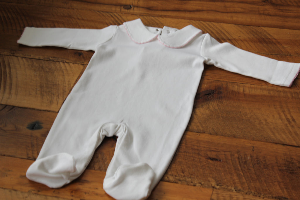 Boutique Style Solid White with Pink Eyelet Trim (Footie Optional)