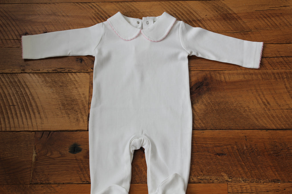Boutique Style Solid White with Pink Eyelet Trim (Footie Optional)