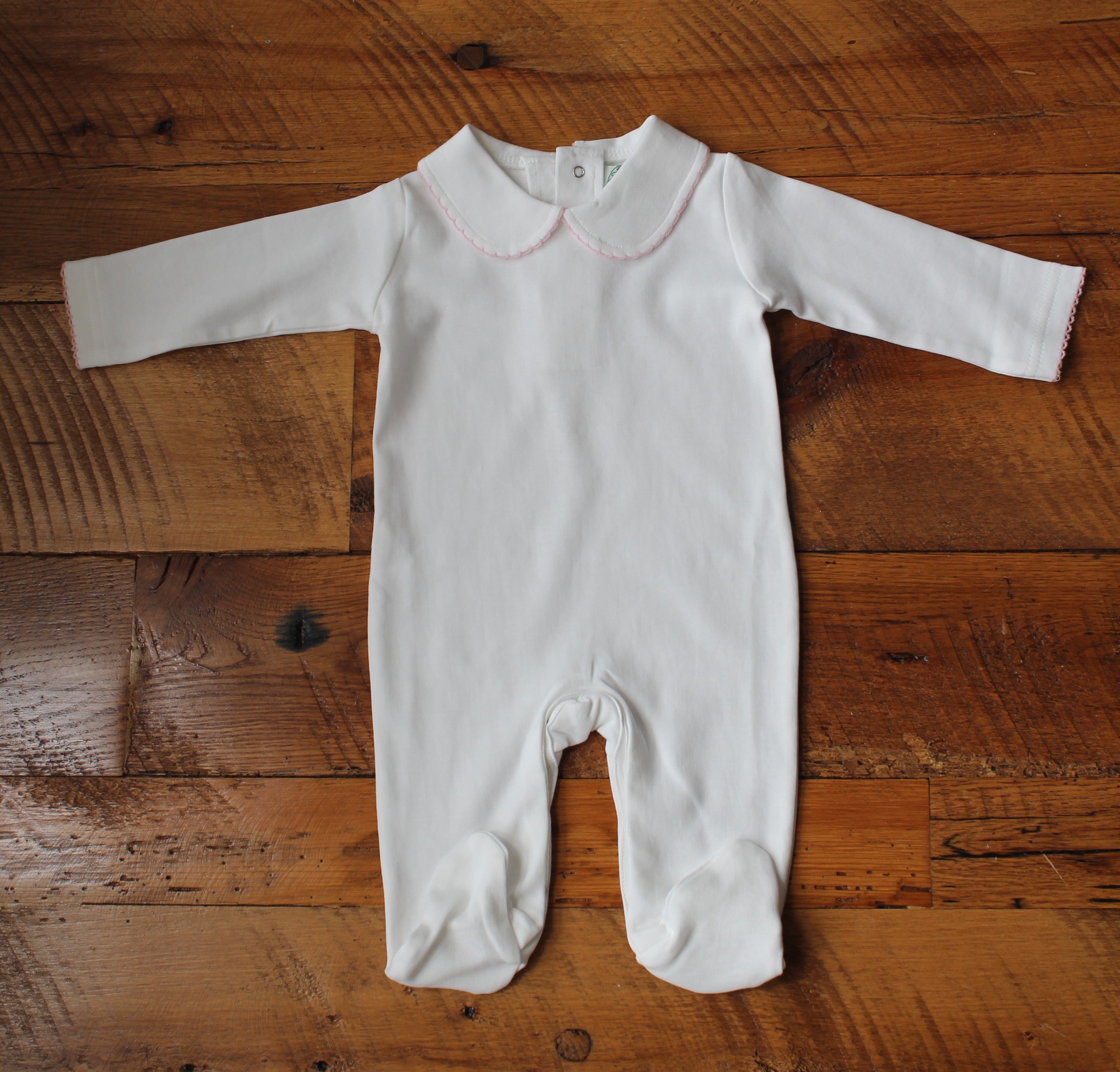 Boutique Style Solid White with Pink Eyelet Trim (Footie Optional)