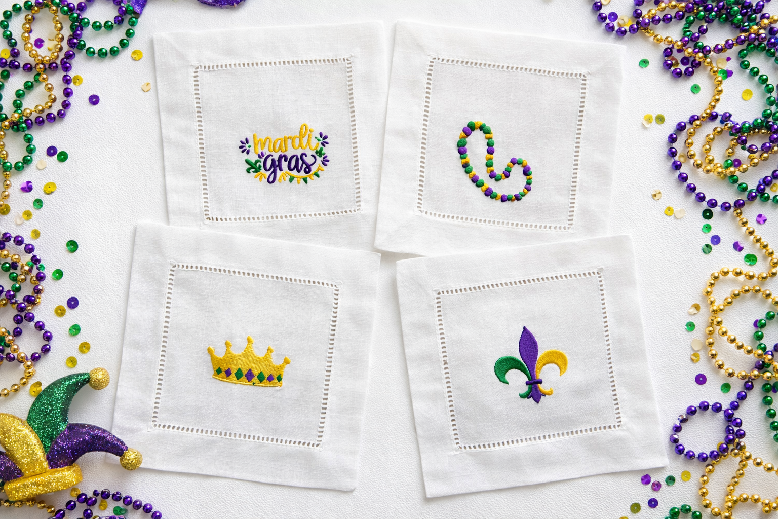Embroidered Mardi Gras Linen Cocktail Napkins - set of 4